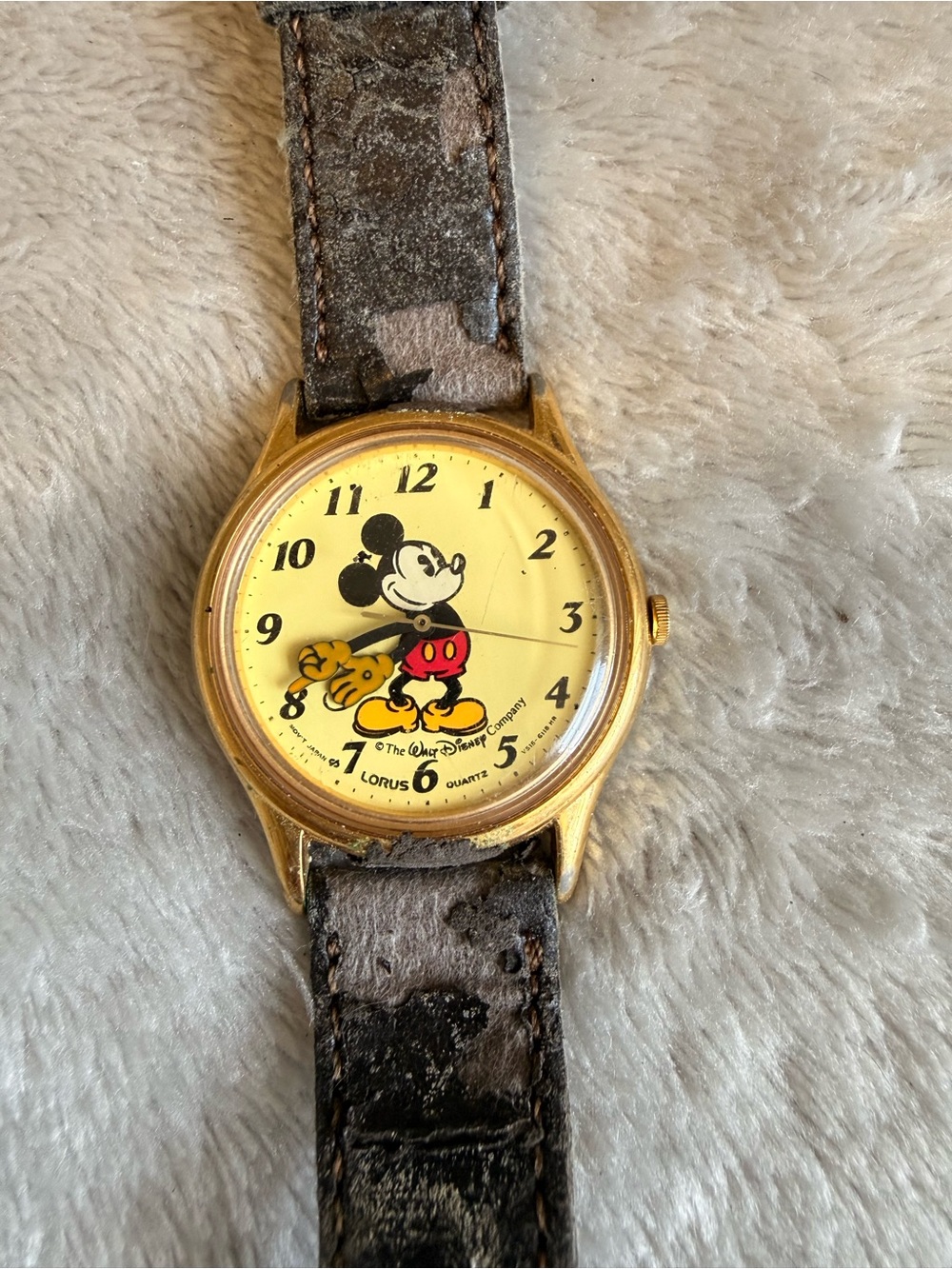 Vintage Mickey Mouse Gold Tone Watch with Leather Strap
